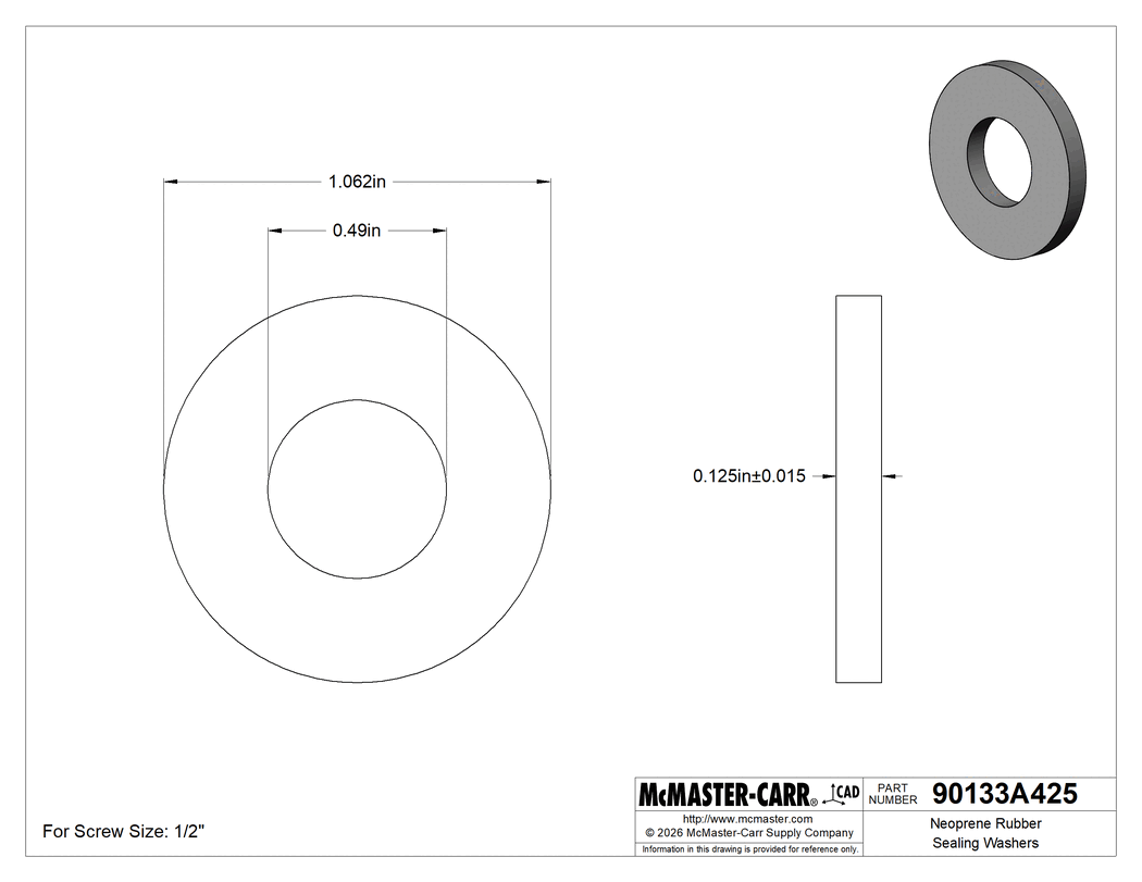 Technical Drawing of Neoprene Rubber Sealing Washers, for 1/2" Screw Size, 0.49" ID, 1.062" OD, 0.11" to 0.14" Thick.